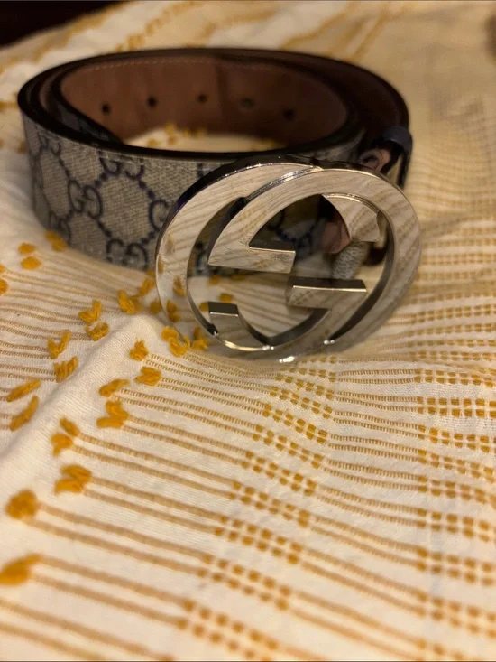 Designer Monogram Men's Gucci Belt l with Silver Buckle